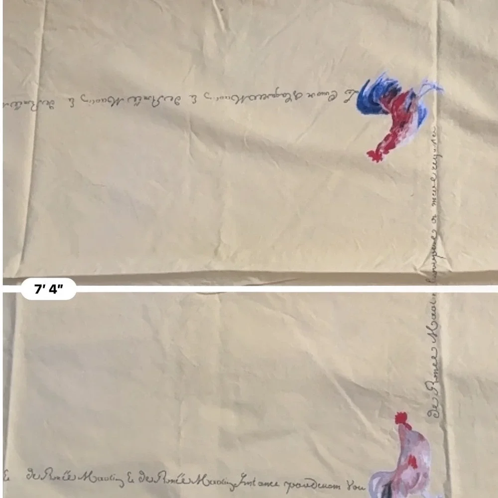 Williams Sonoma French Country Rooster Yellow Navy Script Tablecloth 68x88